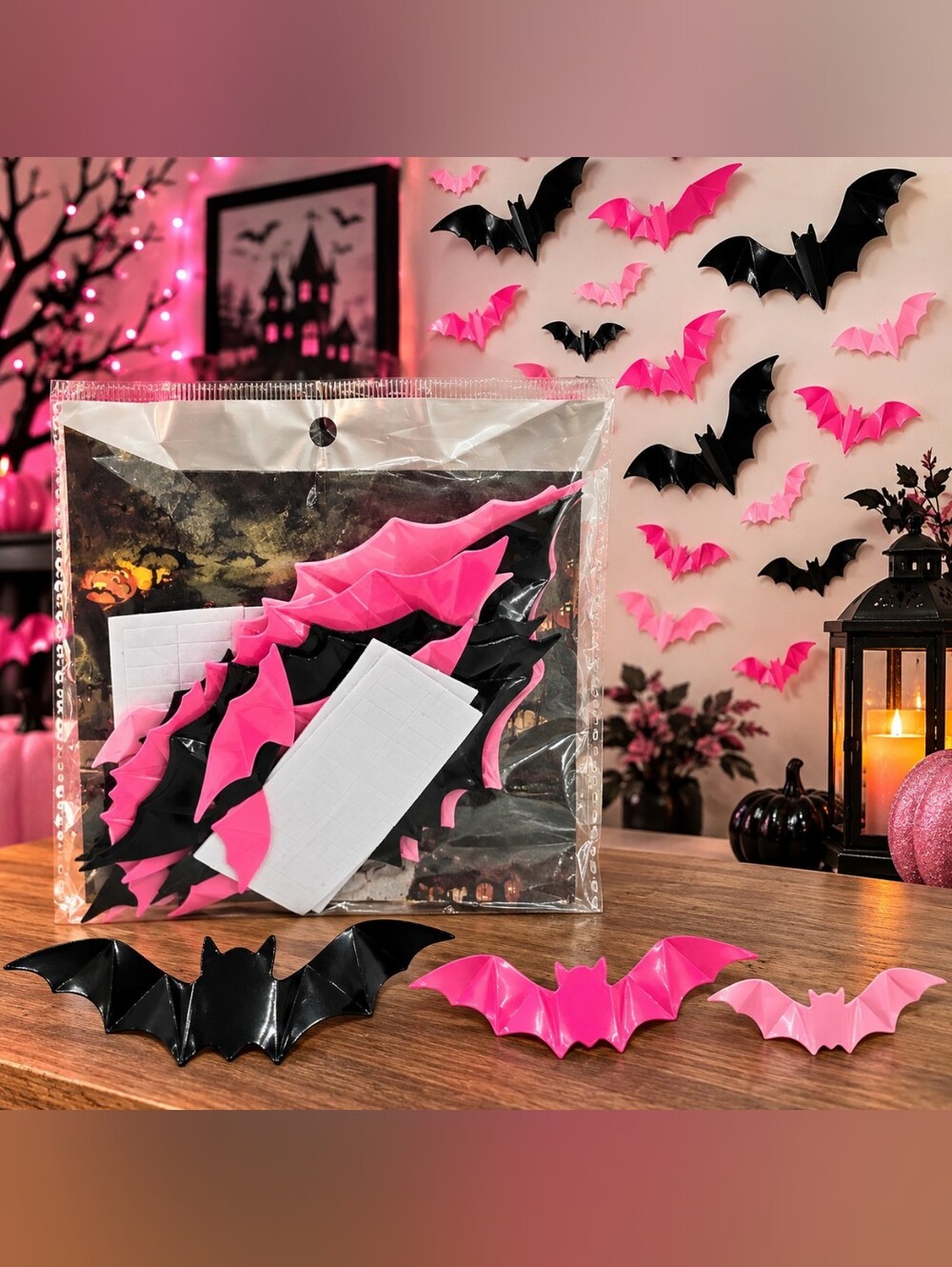 Pink & Black 3D Bat Wall Stickers 48pc Halloween Decor